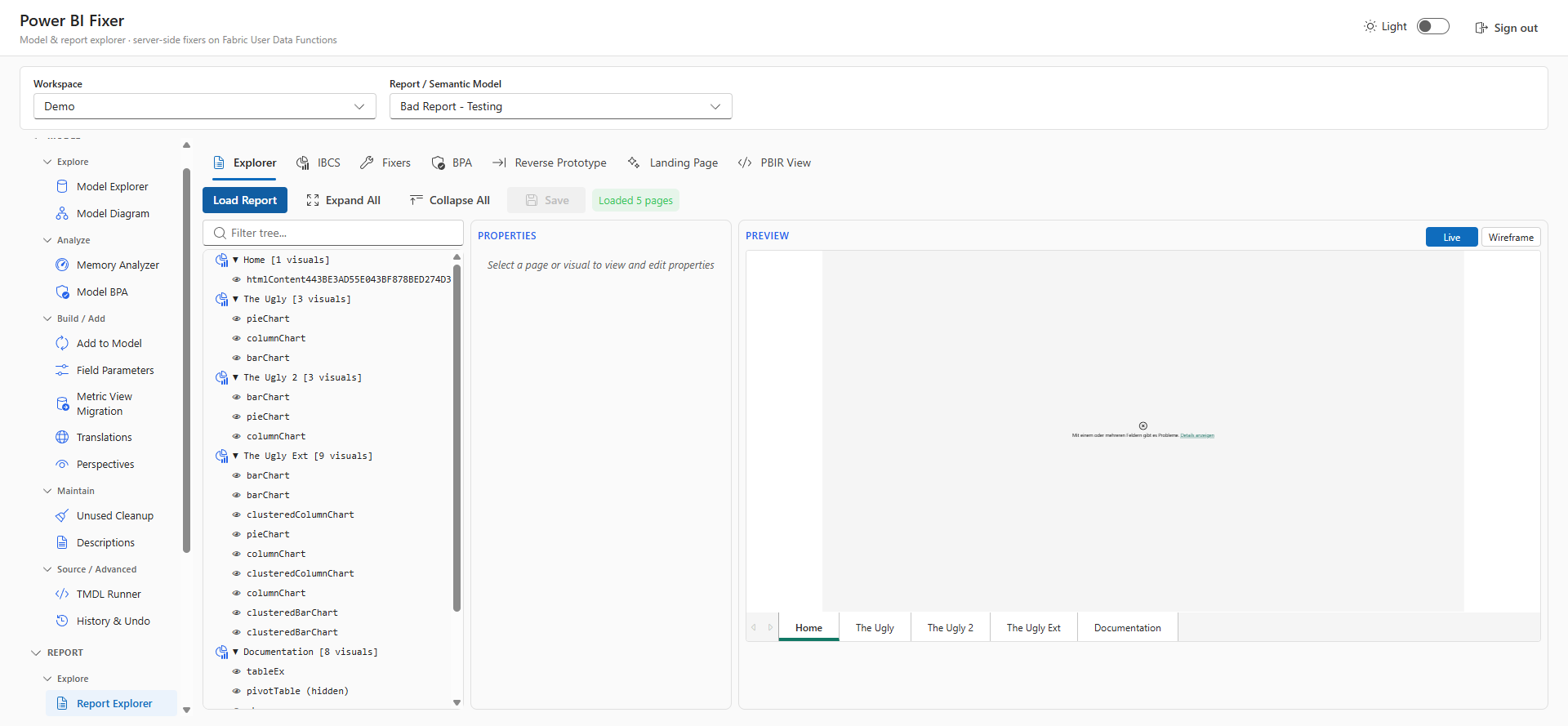 Power BI Fixer app shell with model and report tooling in Fluent UI