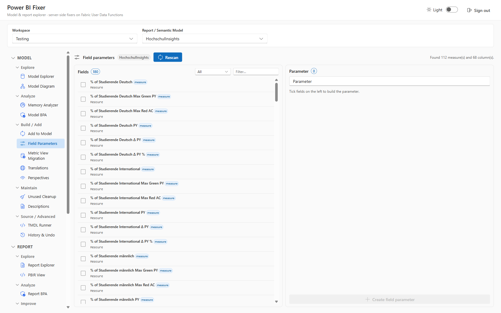 Field Parameters builder with measure pick-list and TMDL preview
