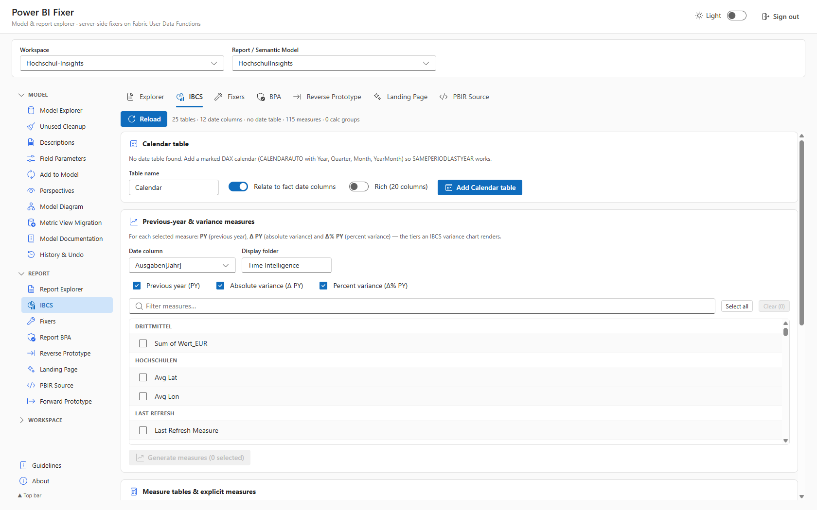 IBCS builder generating previous-year and variance measures