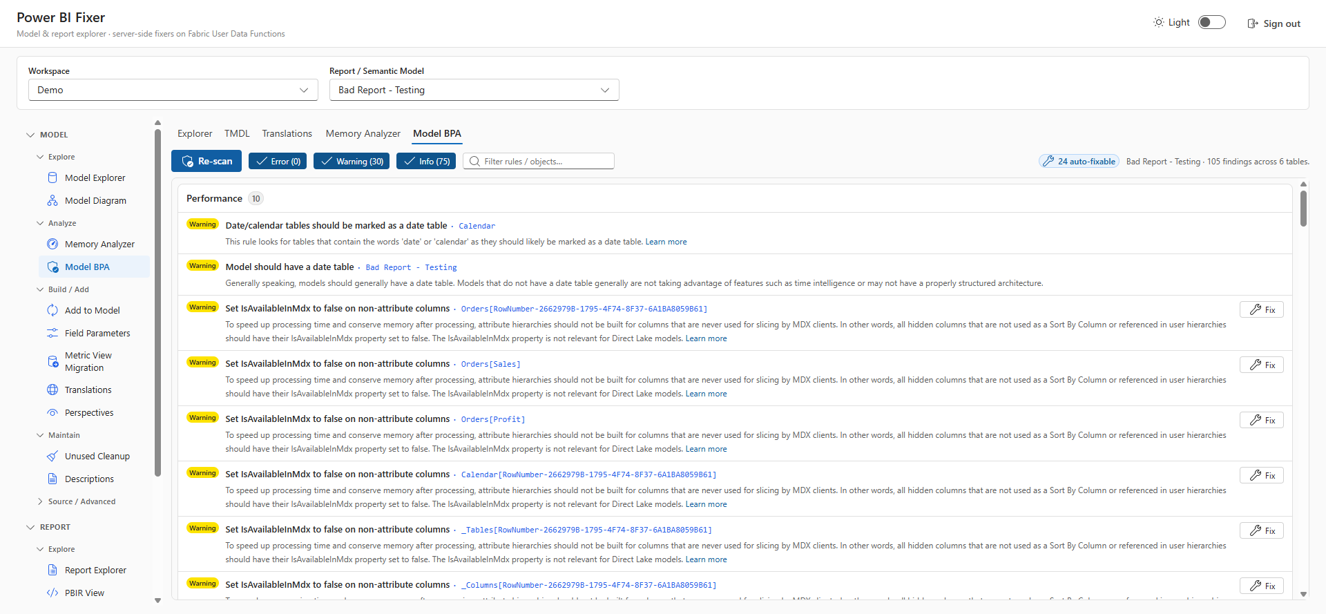 Model Best Practice Analyzer with per-rule findings and one-click fixes