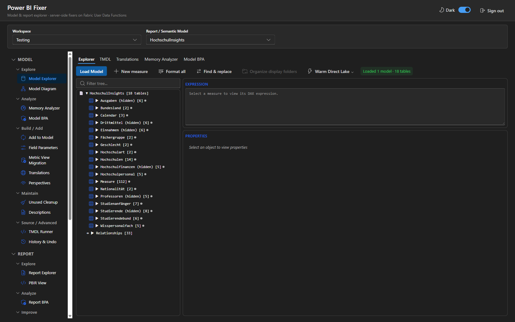 Model Explorer in dark theme