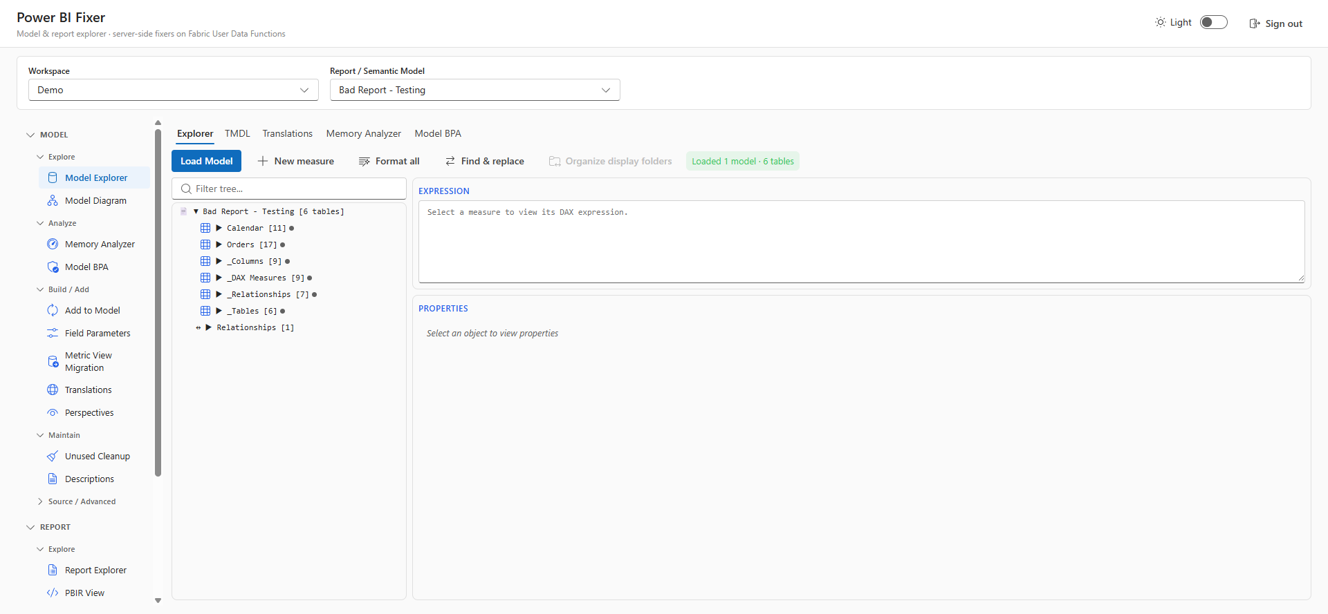 Model Explorer showing table tree, inline TMDL, and properties pane