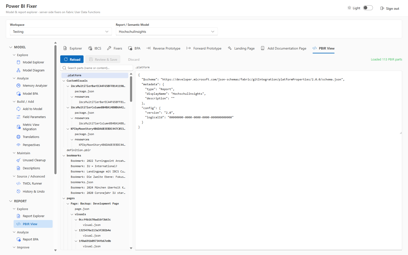PBIR View with parts tree and JSON editor