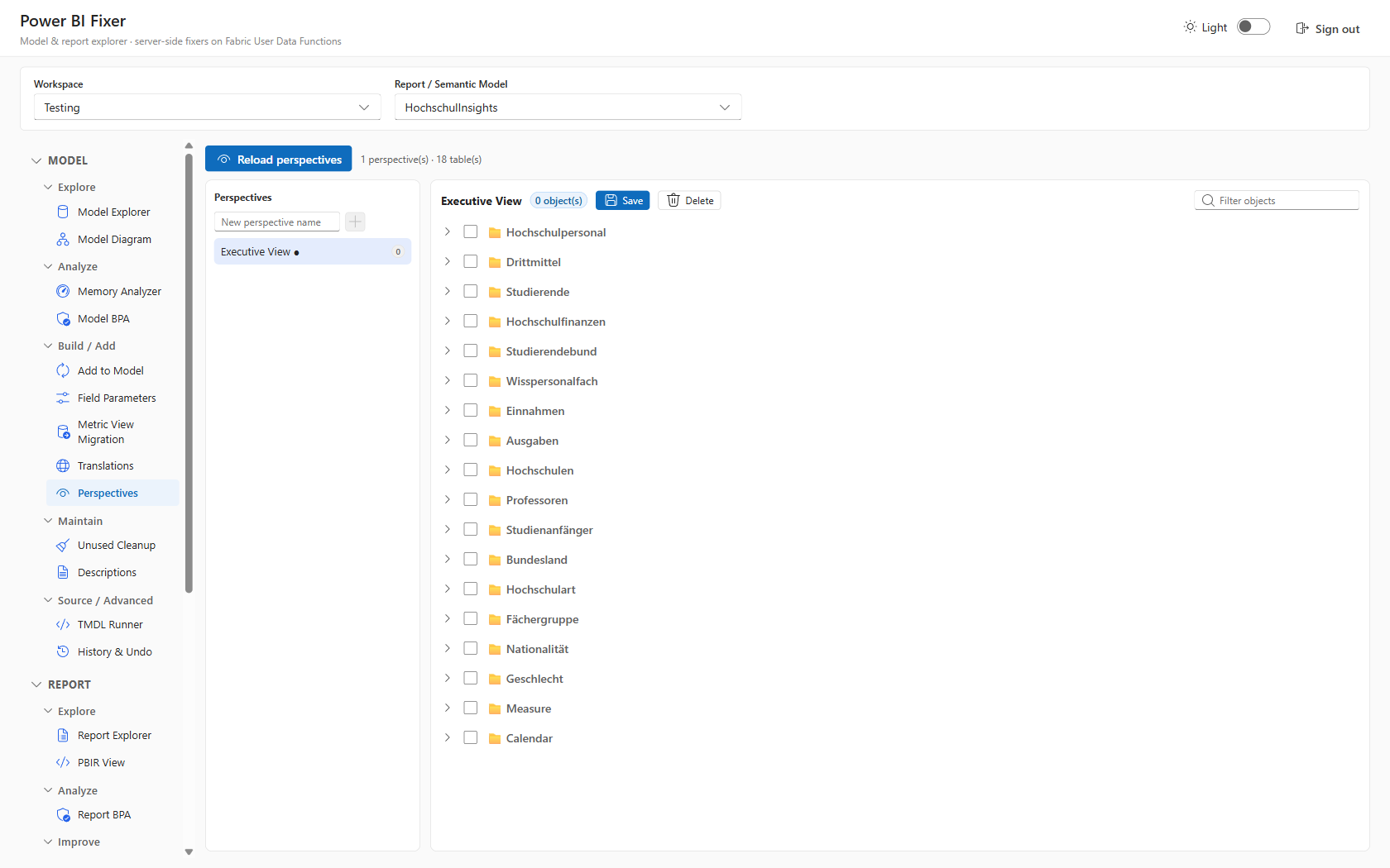 Perspectives editor with tri-state object tree