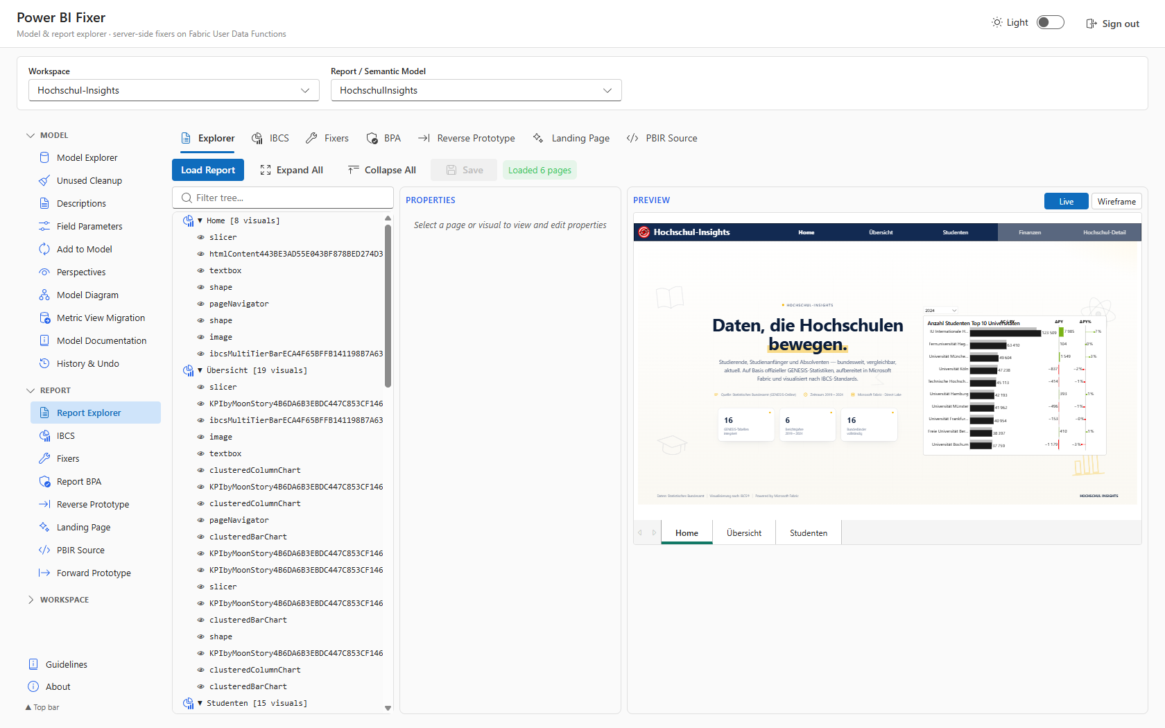 Report Explorer with PBIR tree, live preview, and properties pane