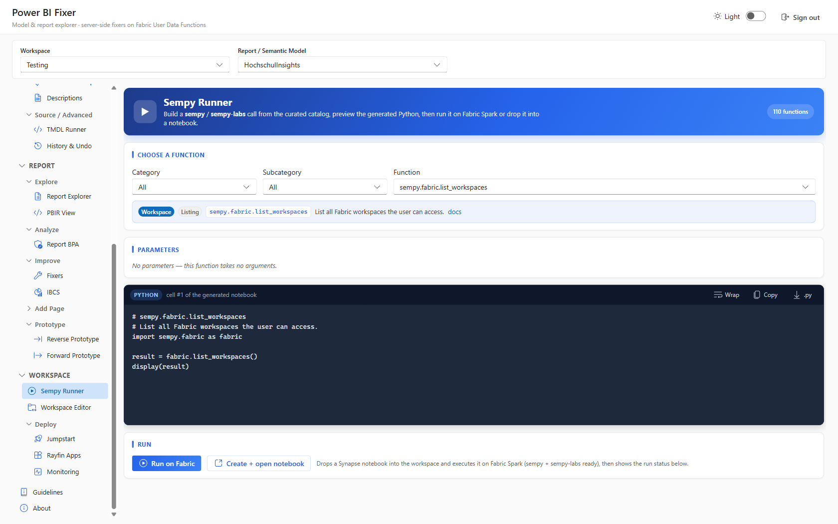 Sempy Runner with function catalog and Python preview
