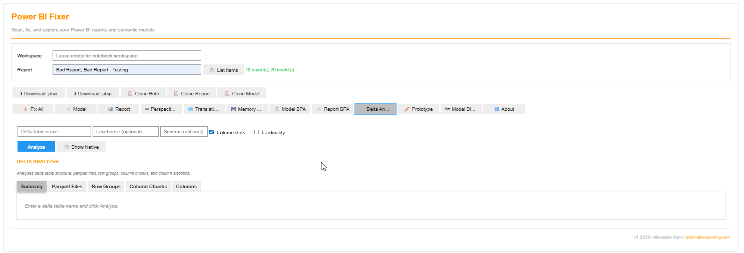 Delta Analyzer tab with summary, parquet files, row groups, and columns subtabs