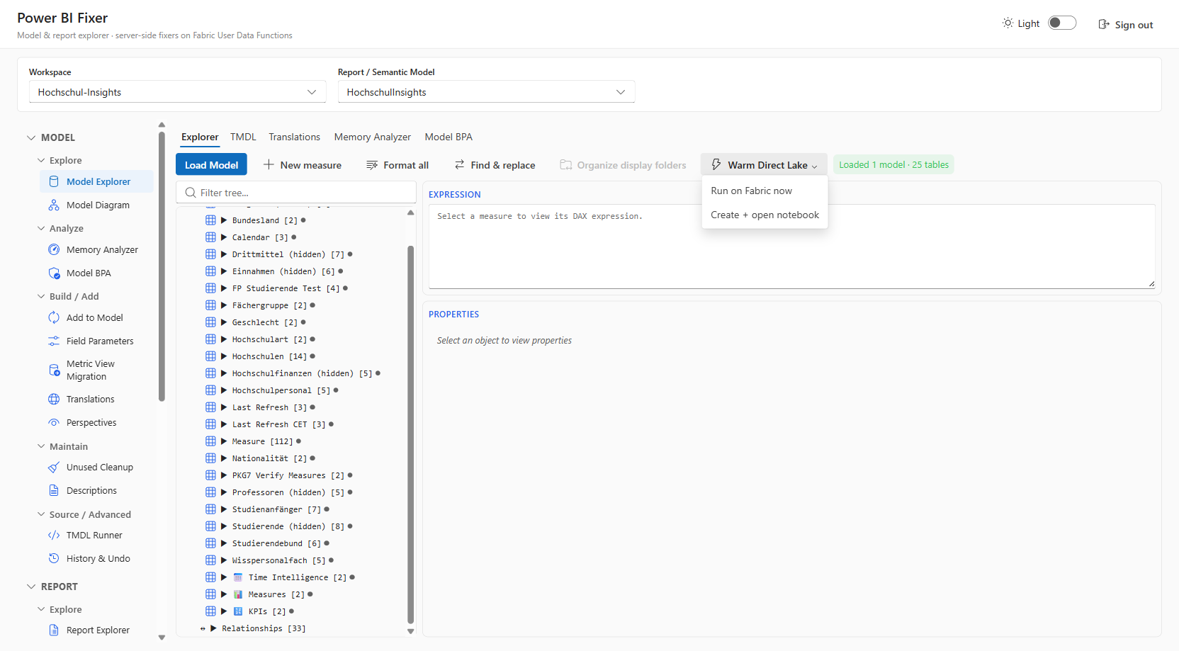 Warm Direct Lake menu in the Model Explorer toolbar pre-loading columns into cache