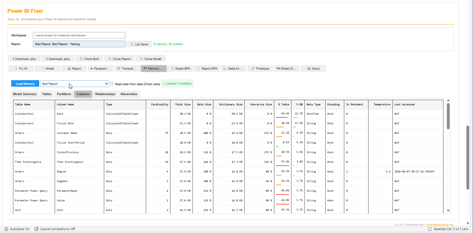 Memory Analyzer tab showing column-level size breakdown with color-coded percentage bars