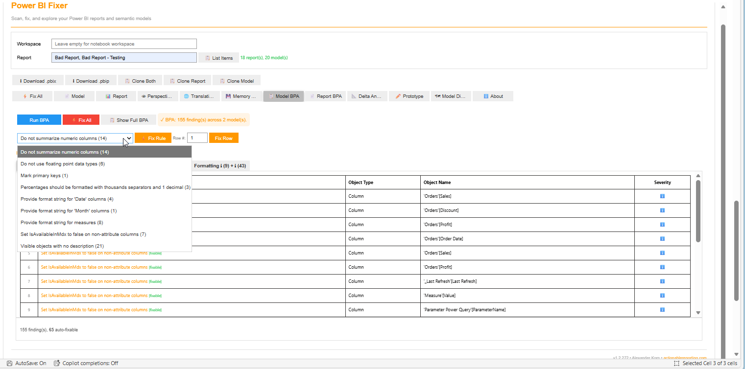 Model BPA tab showing categorized rules with fix buttons and severity indicators