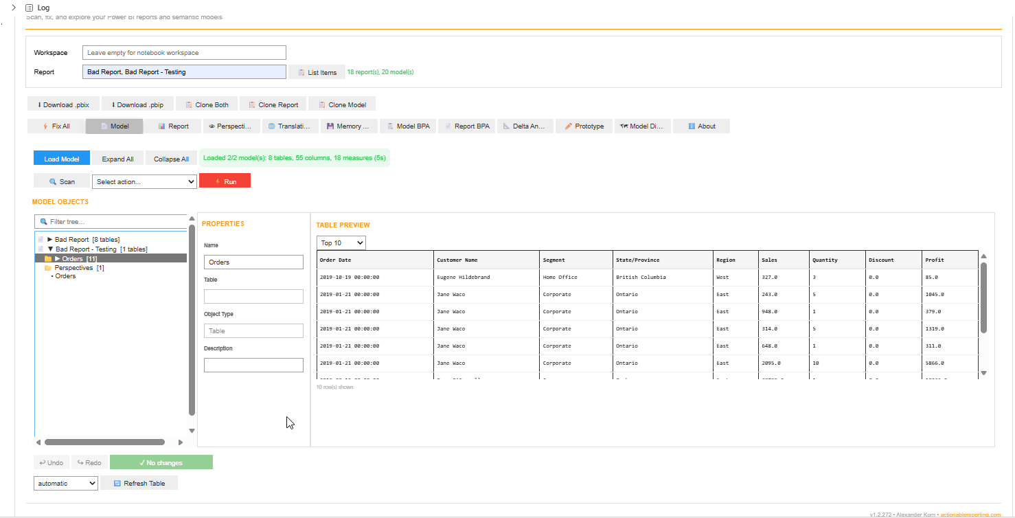 Model Explorer tab showing table tree, properties panel, and data preview grid