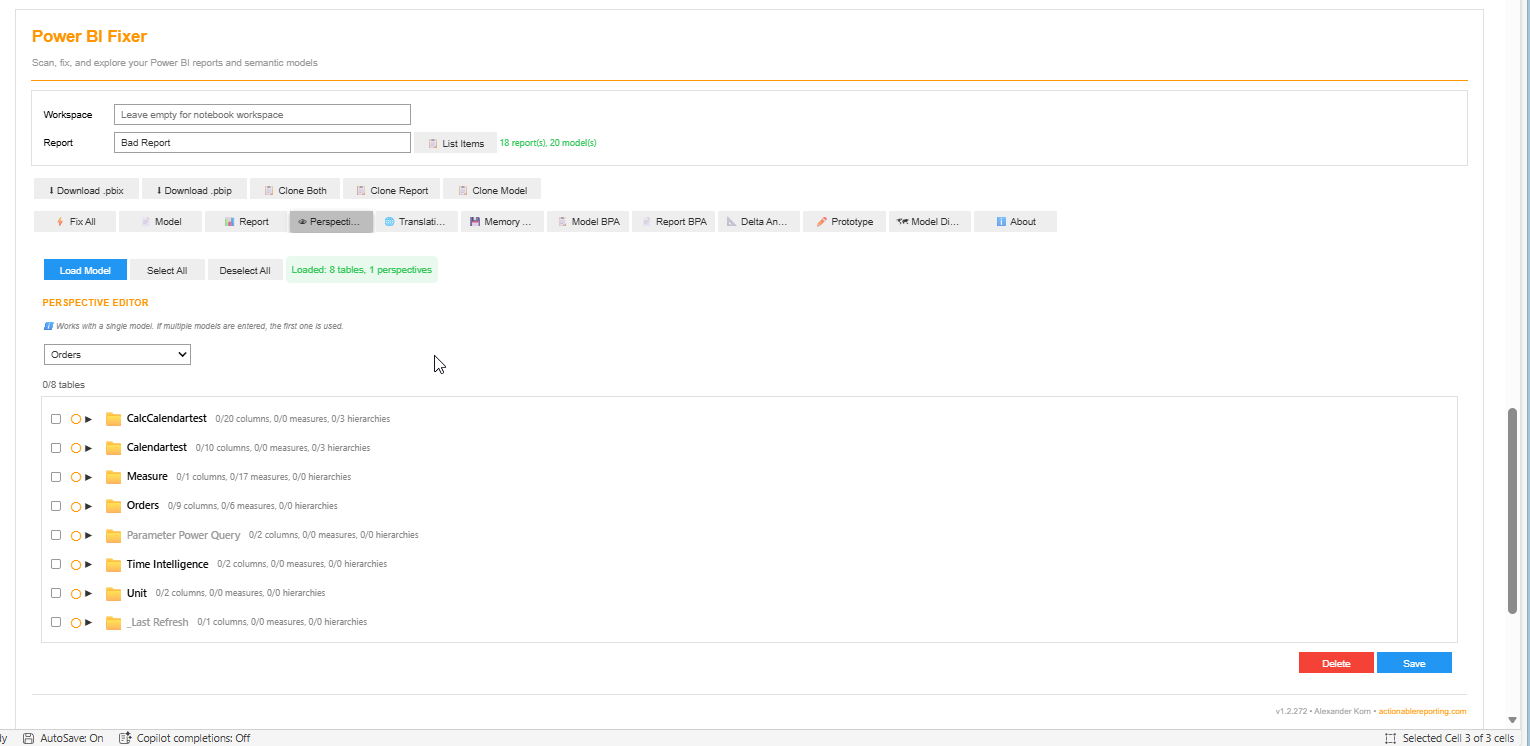 Perspective Editor with expandable table tree and tri-state checkboxes