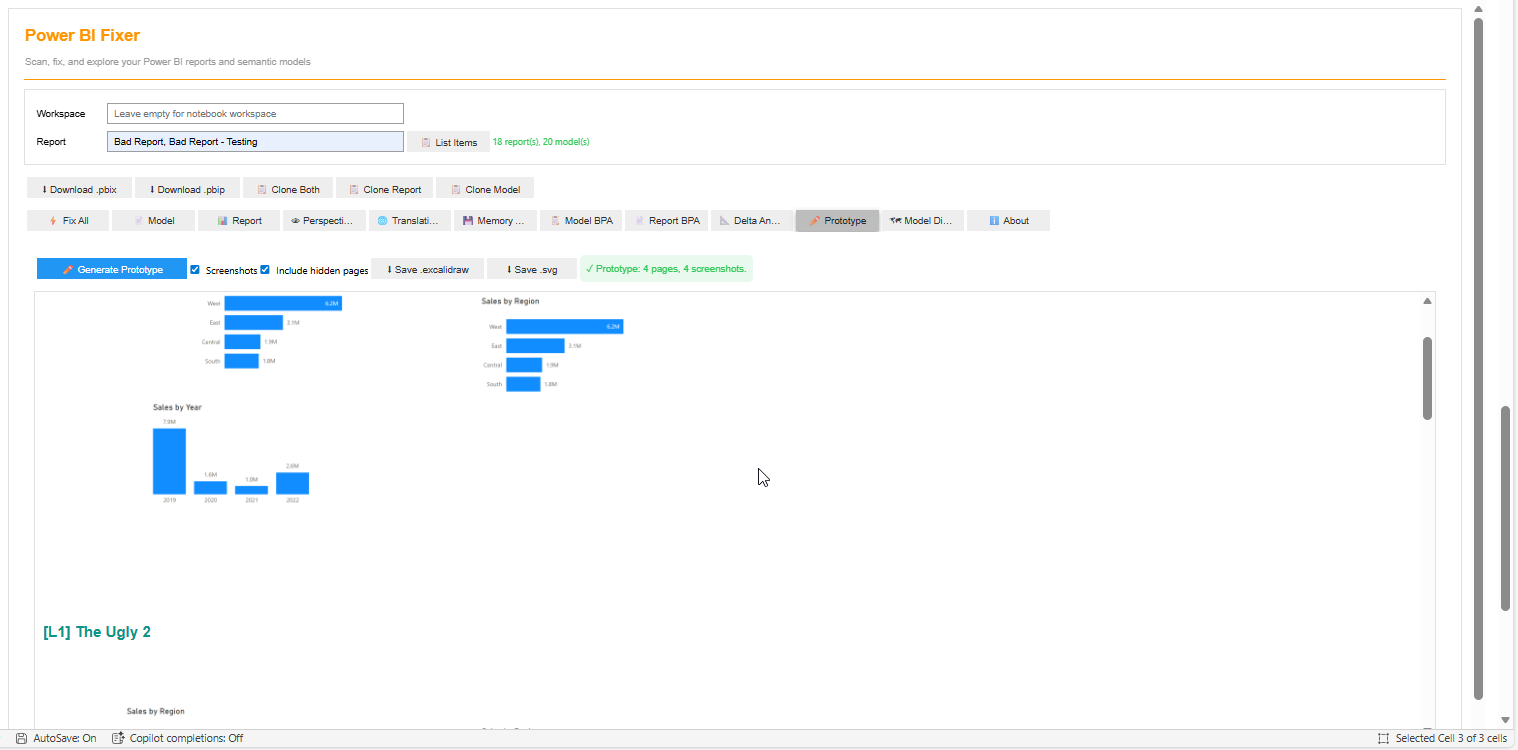 Prototype tab showing report page screenshots with navigation detection