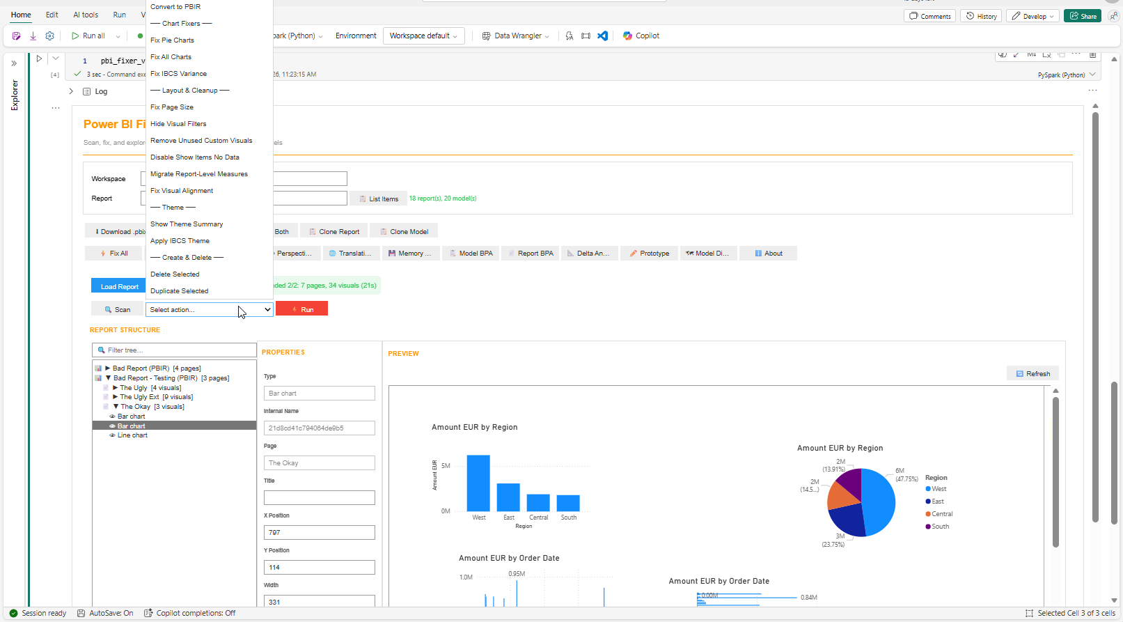 Report Explorer tab showing tree view of pages and visuals with live preview panel