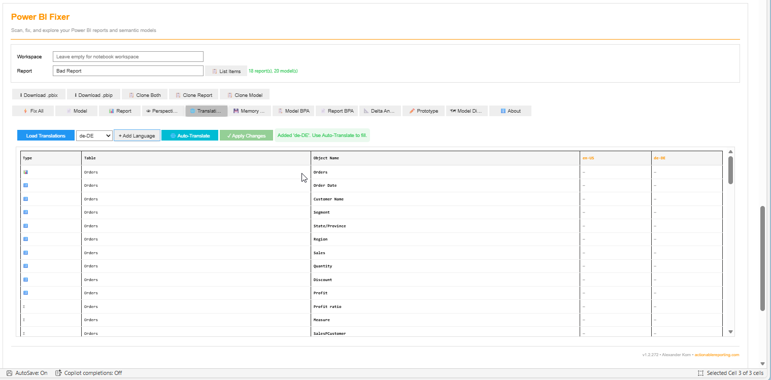 Translations Editor showing object grid with language columns and auto-translate button